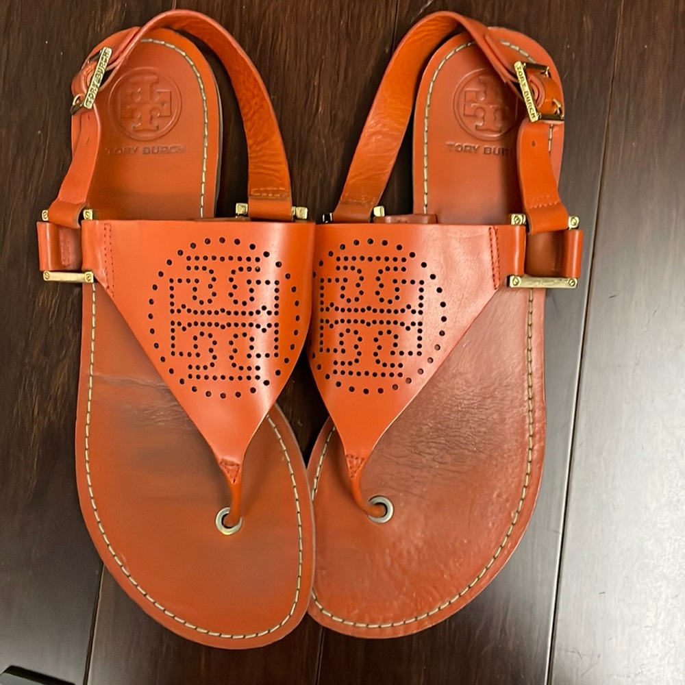 Tory Burch Orange Leather Perforated Sandals Size 8.5
